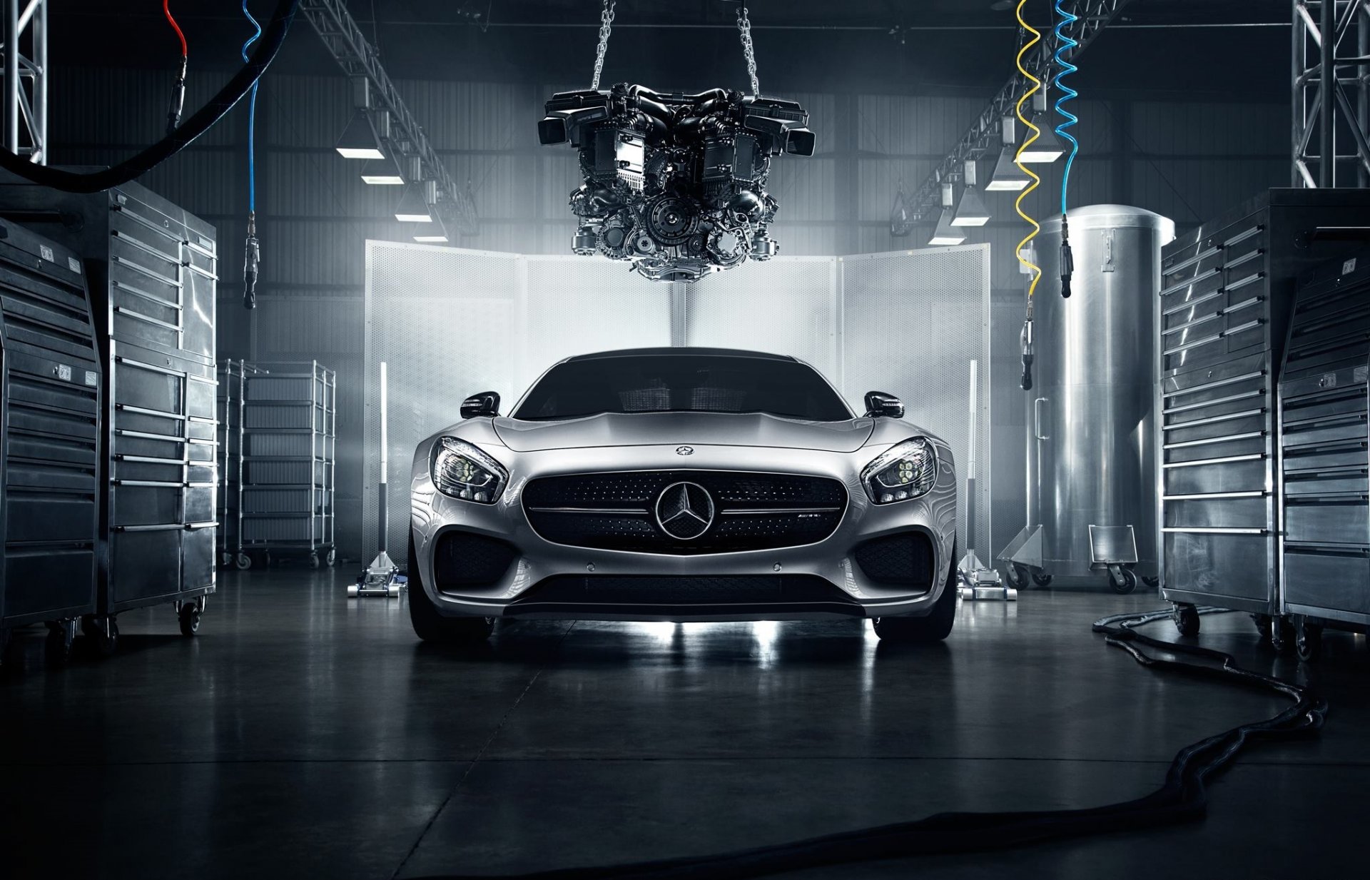 mercedes-benz amg gt s 2016 silver color engine workshop front