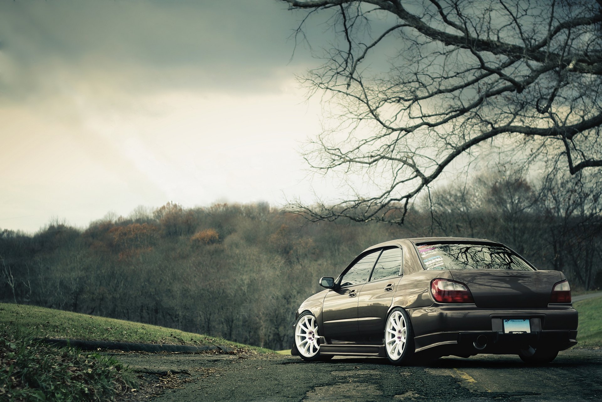 ubaru subaru nature automne auto route or tuning forêt paysage fond ciel voitures transport véhicules