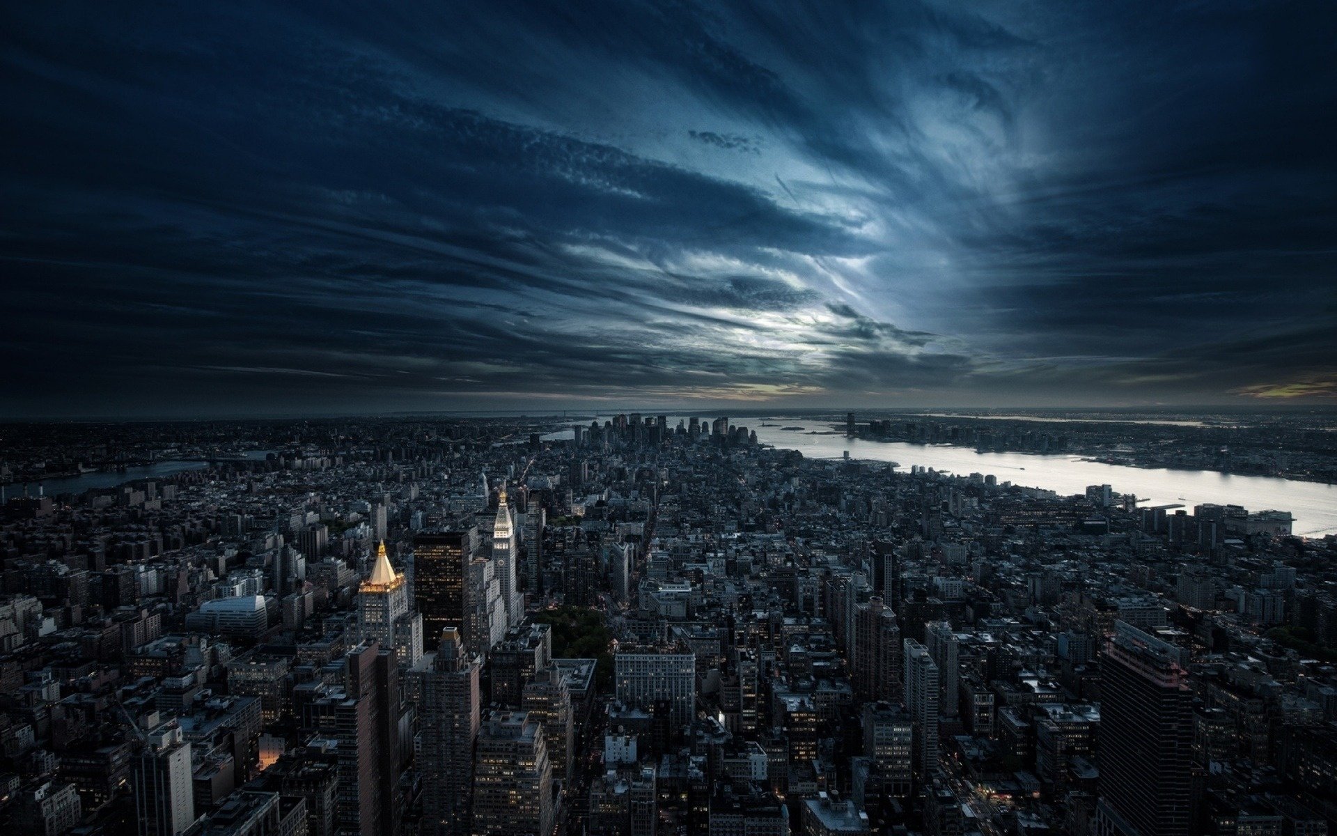 ciudad estados unidos tarde nueva york américa nubes noche río fondo metrópolis puesta de sol edificios cielo oscuridad