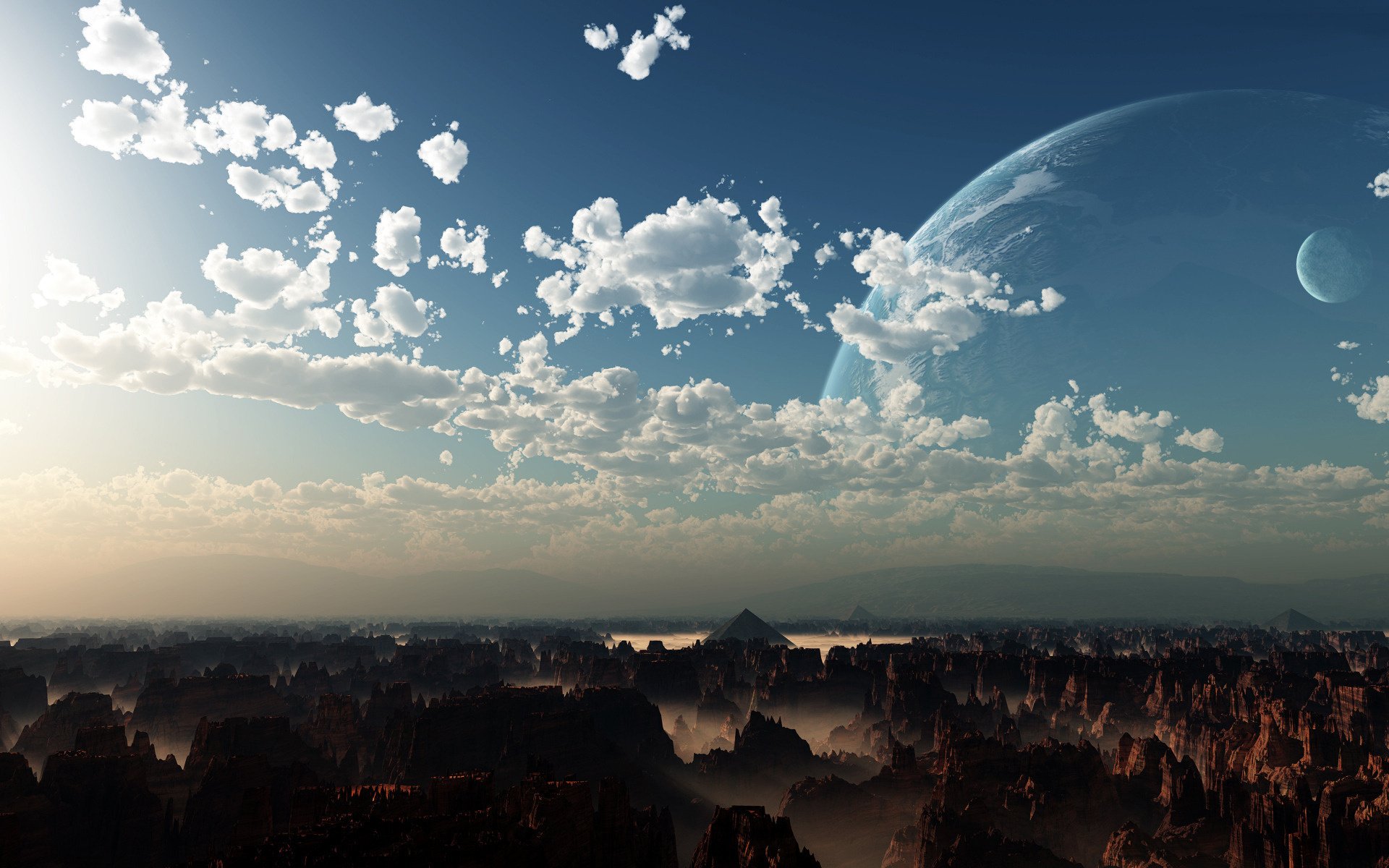 planet pyramid clouds rocks the sky surface horizon mountains fog