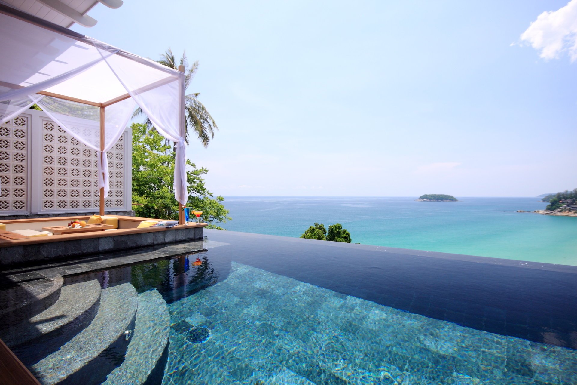 nature arbor landscape sea pool the sky trees the ocean coast summer clouds table