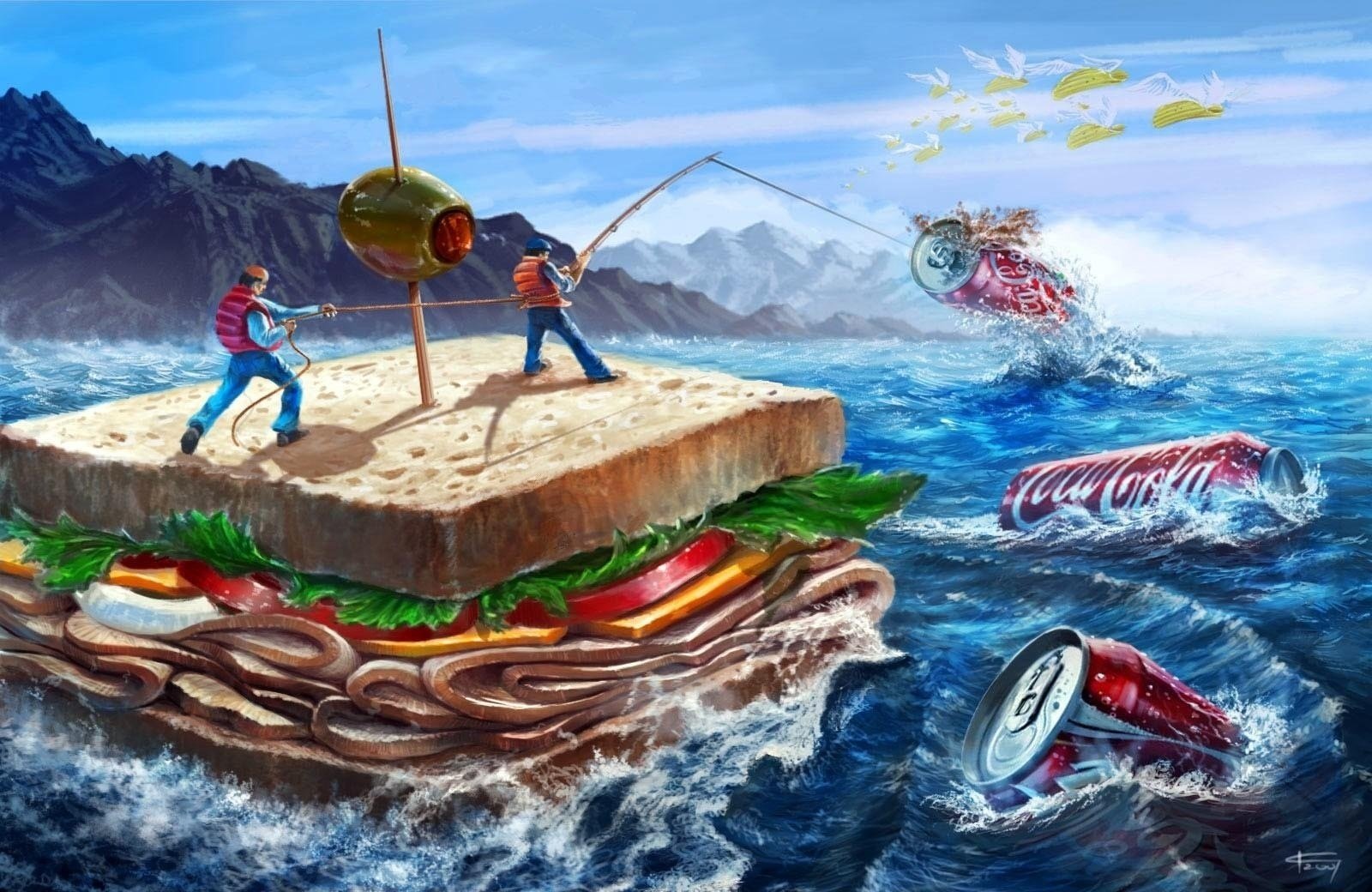 meer sandwich coca-cola mais sandwich olive zeichnungen wellen kreativ menschen angeln berge anime