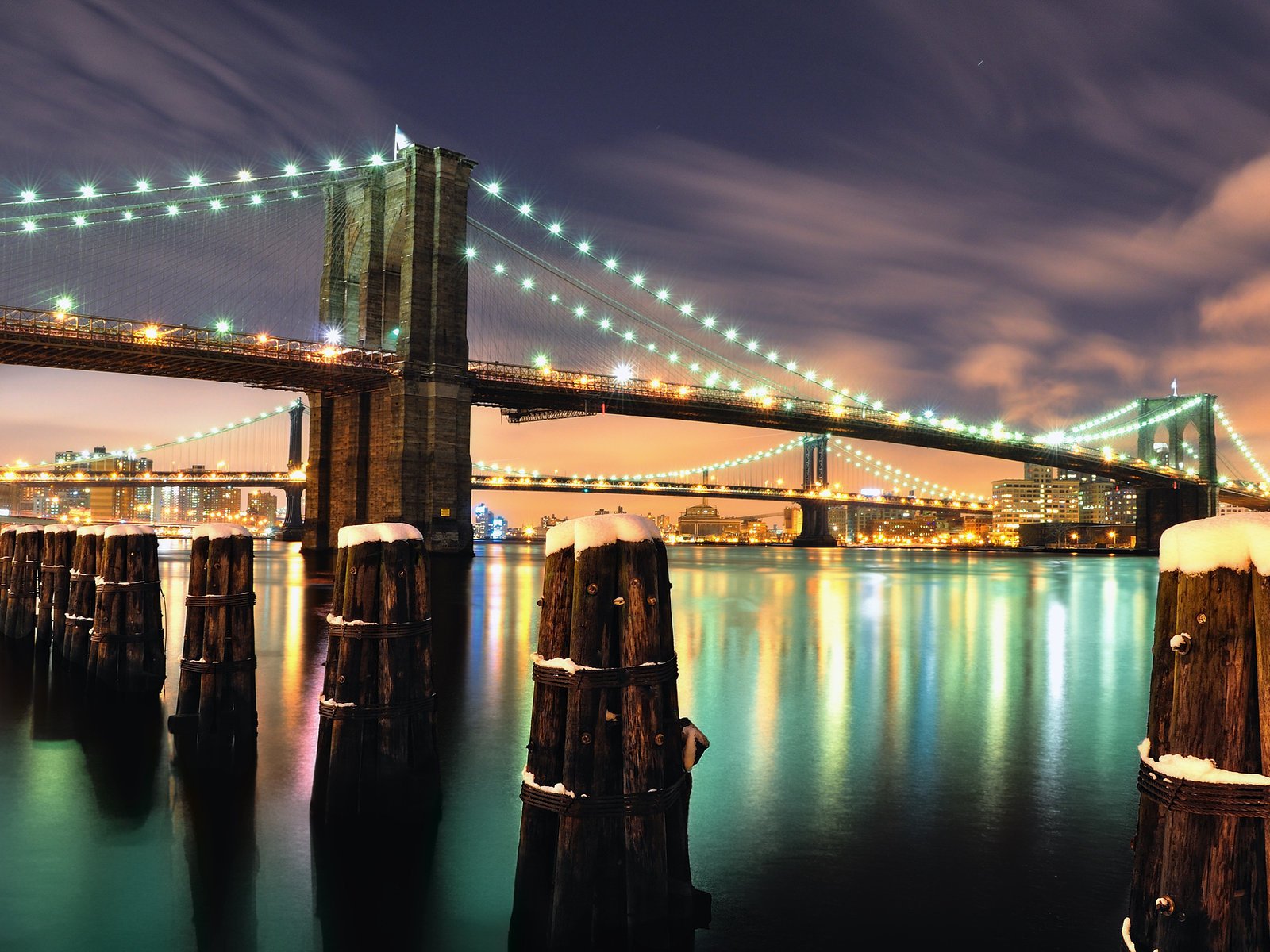 nice fohn new york bridge the city river lights board background sunset the night sky night the lights of the city