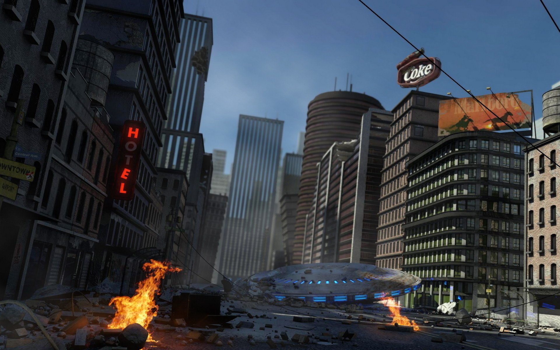 flying saucer the city fire aliens signs skyscrapers the hotel disaster fiction devastation