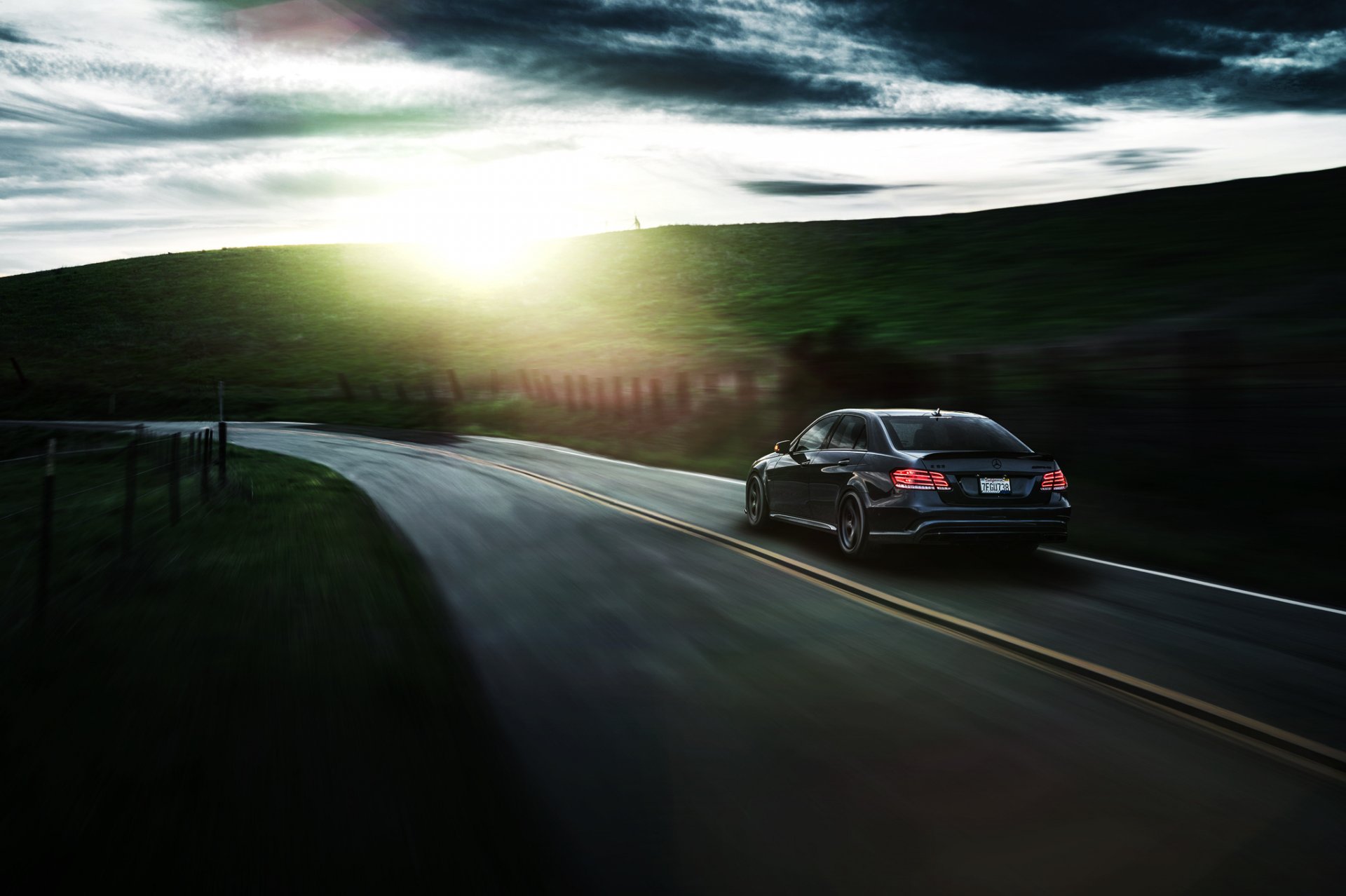 mercedes-benz e63 amg s sonic motorsport california nigth ligth nature summer rear