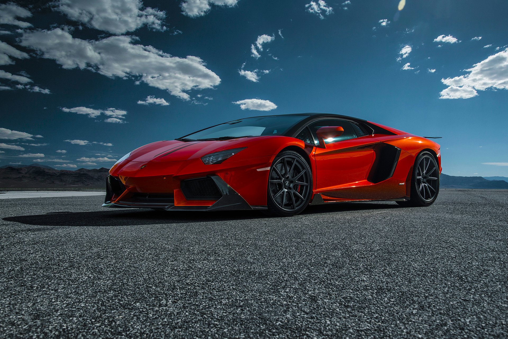 lamborghini aventador-v lp740-4 zaragoza vorsteiner supercar orange front desert sky cloud