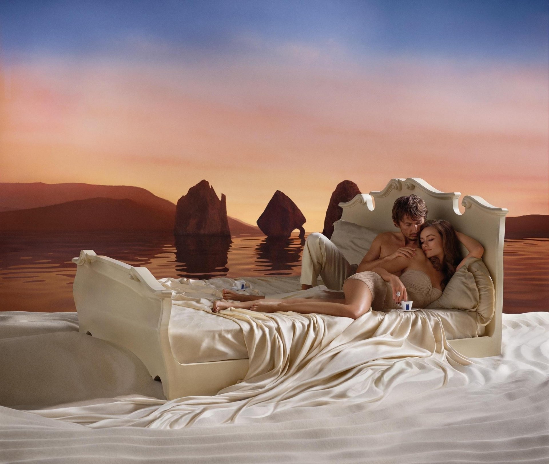 guy nirvana damn bed girl mountains rocks sea surface sky couple lovers love bed creative white sheet