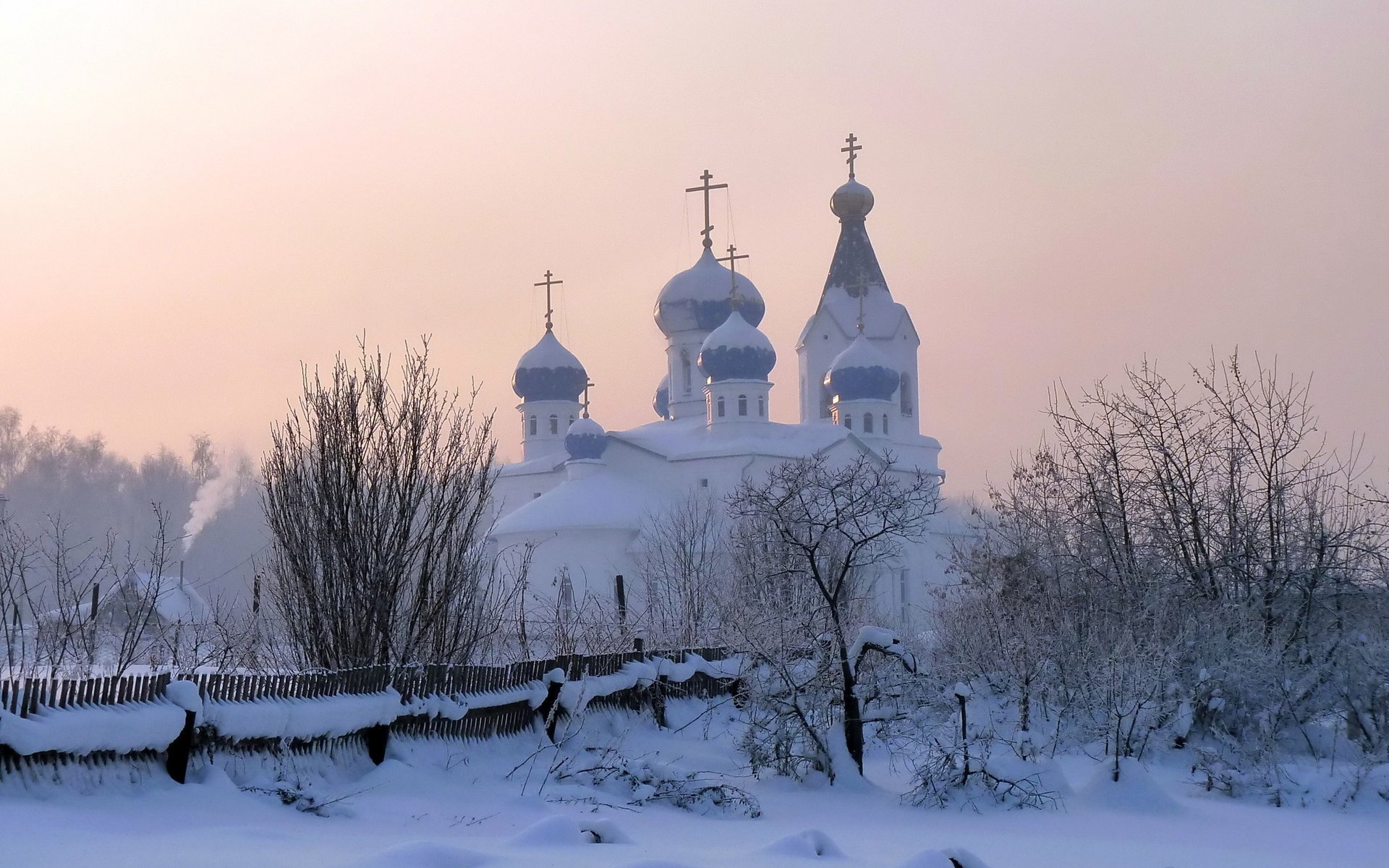 winter snow church religion dome the fence the snow the sky trees crosses temple