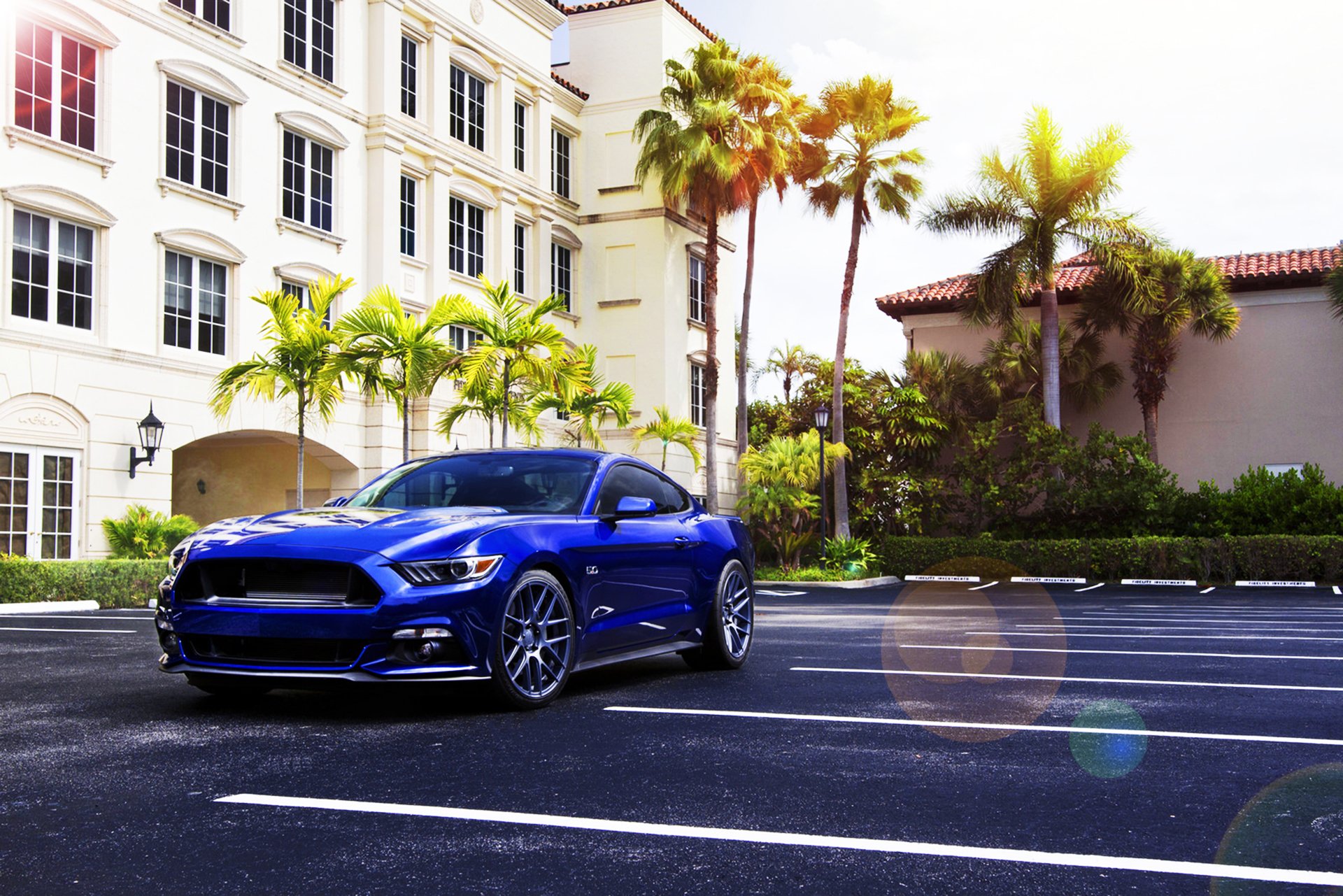 ford mustang 2015 niebieski mięśnie samochód velgen koła lato słońce przód