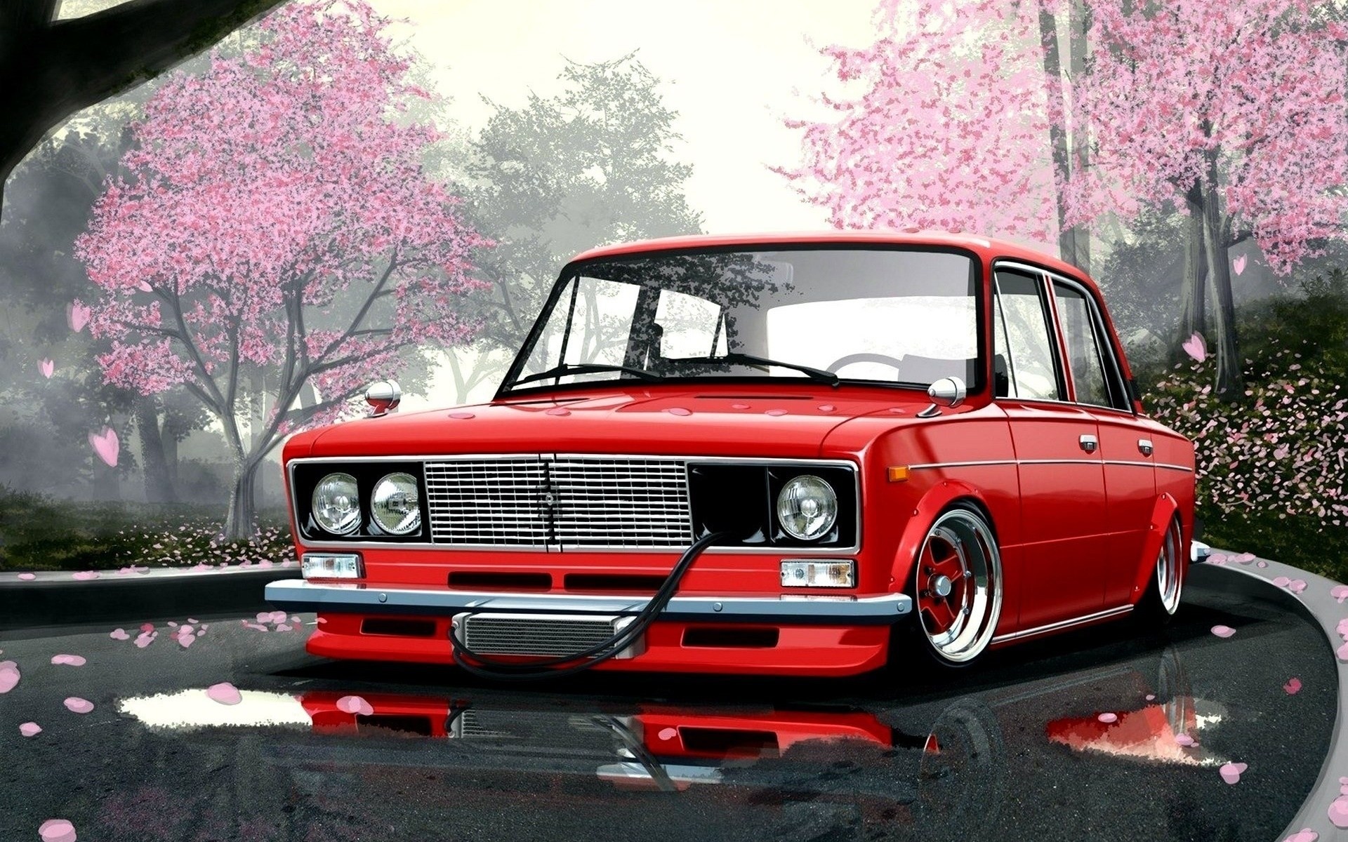 estilo carretera rojo arte coche jarrones sakura japón