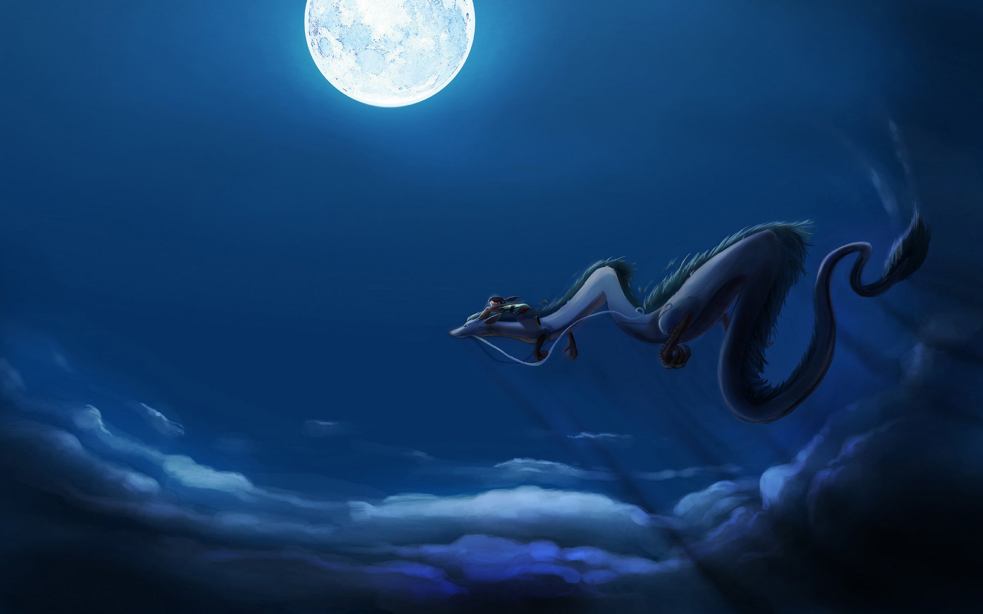 pirited away yt j-f flight dragon moon carried away by ghosts night anime ghosts light drawing shadows clouds sky sky-a night-a moon-a snake-a girls-a