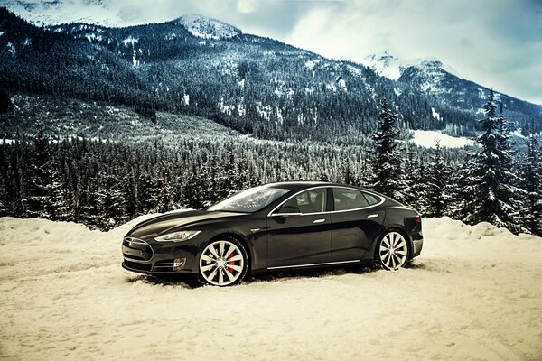 2014, Tesla, modelo s, p85d invierno montaña vista color negro