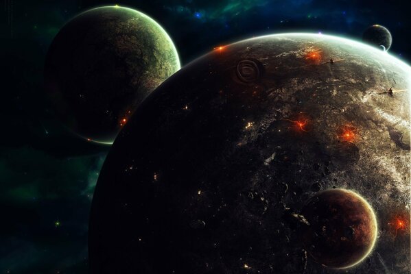 Explosiones y explosiones sobre planetas en el universo