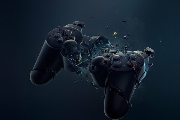 Explosion of a creative joystick on a black background