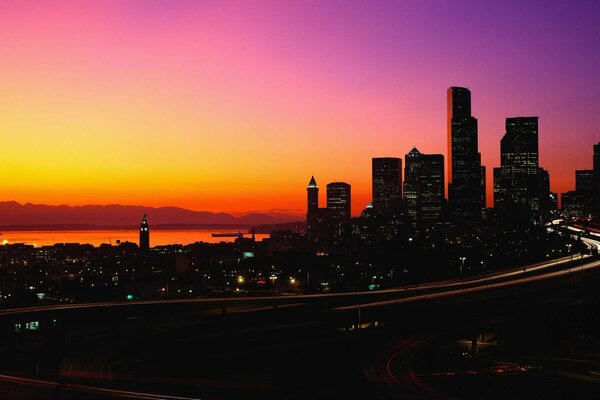 Reflection of the city at sunset