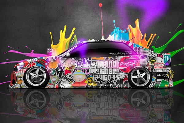 Toyota car design with bright stickers and an explosion of colors