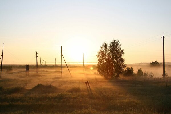 Die Sonnenstrahlen am Horizont des weit entfernten russischen Feldes