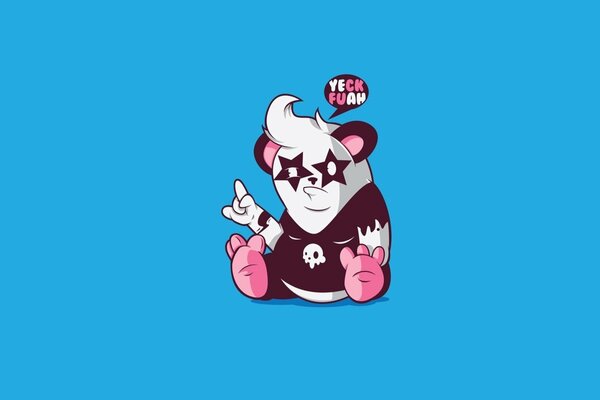 Dessin d un Panda dans un t-shirt noir sur fond bleu