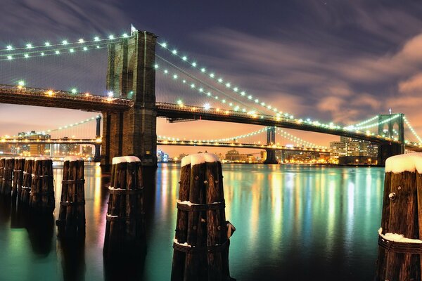 Night sky on the background of a beautiful New York bridge