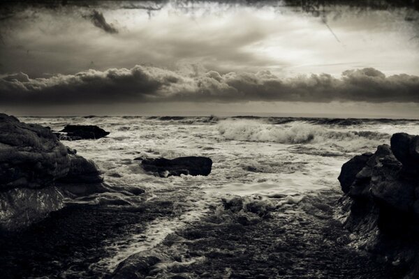 Landscape of the sea in a storm in black and white