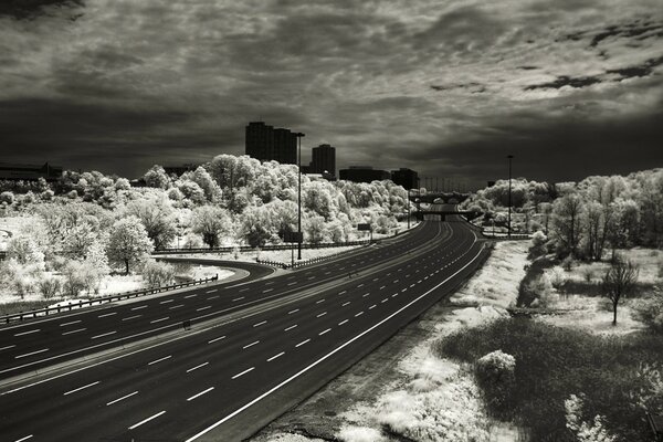 Black and white shot of the highway