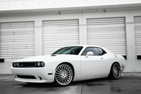 Challenger blanco en el garaje. hermoso coche blanco