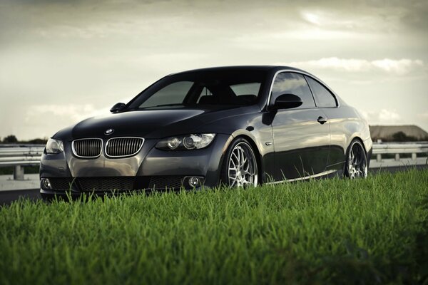 A black Bmw is standing on the green grass