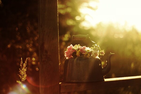 Rustykalny czajniczek i polne kwiaty w słoneczny poranek
