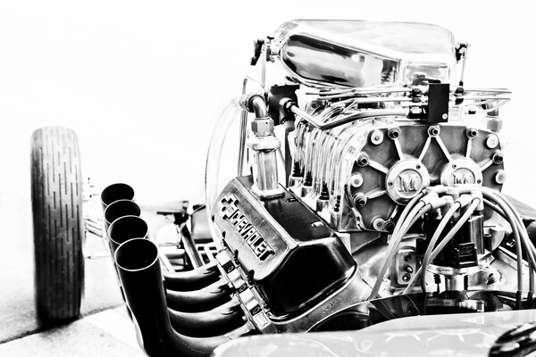 Black and white photo of Chevrolet Corvette engine