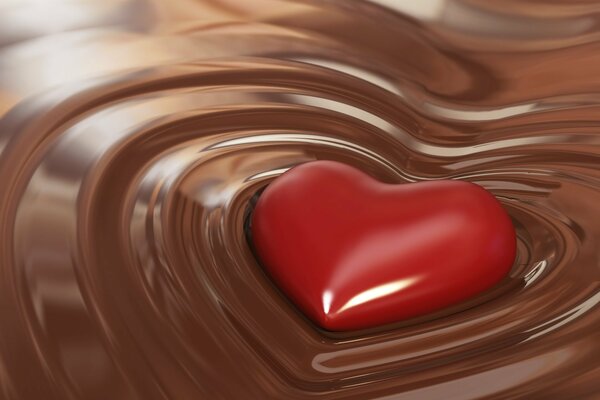 Cuore rosso che galleggia nel cioccolato liquido