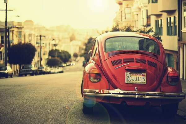 A parked beetle on a city street