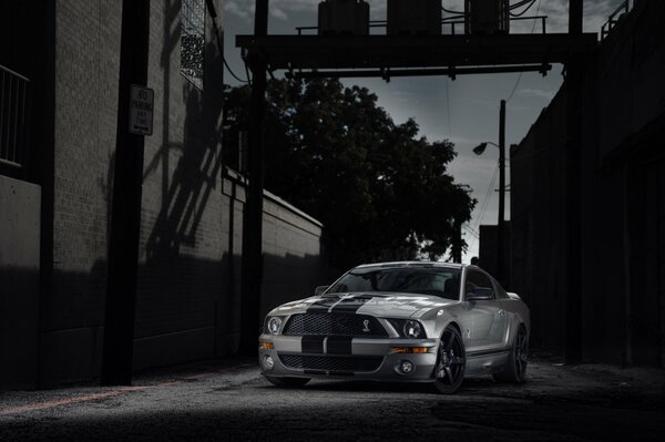 Ford Mustang Shelby GT500 in un vicolo buio