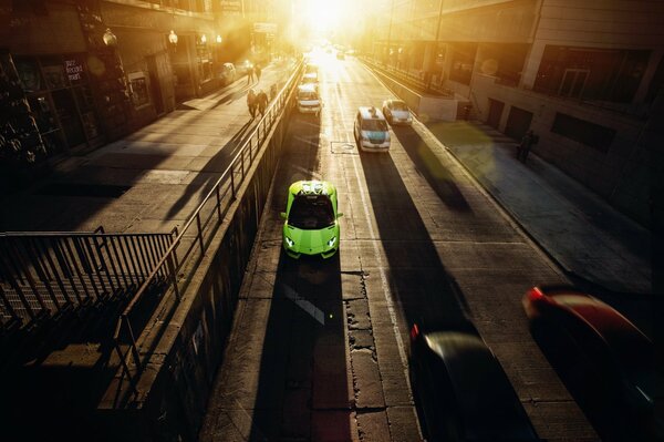 Green lamborghini in downtown Chicago