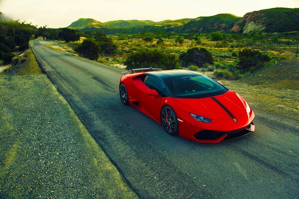 LAMBORGINI rojo en el camino, el fondo es verde