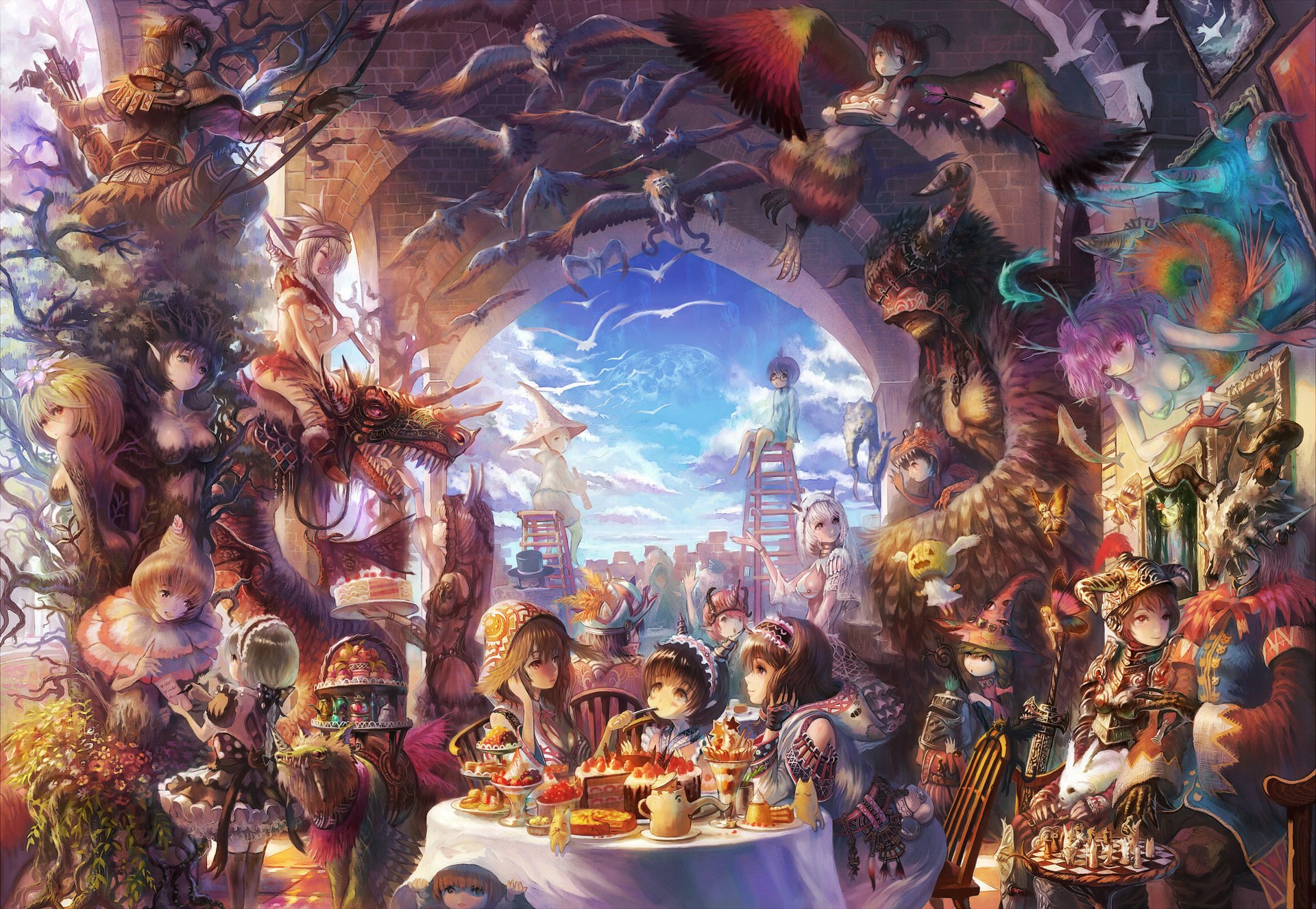 anime cuentos de hadas fantasía héroes cuento de hadas amigos mesa almuerzo fiesta arco magia dibujos niños