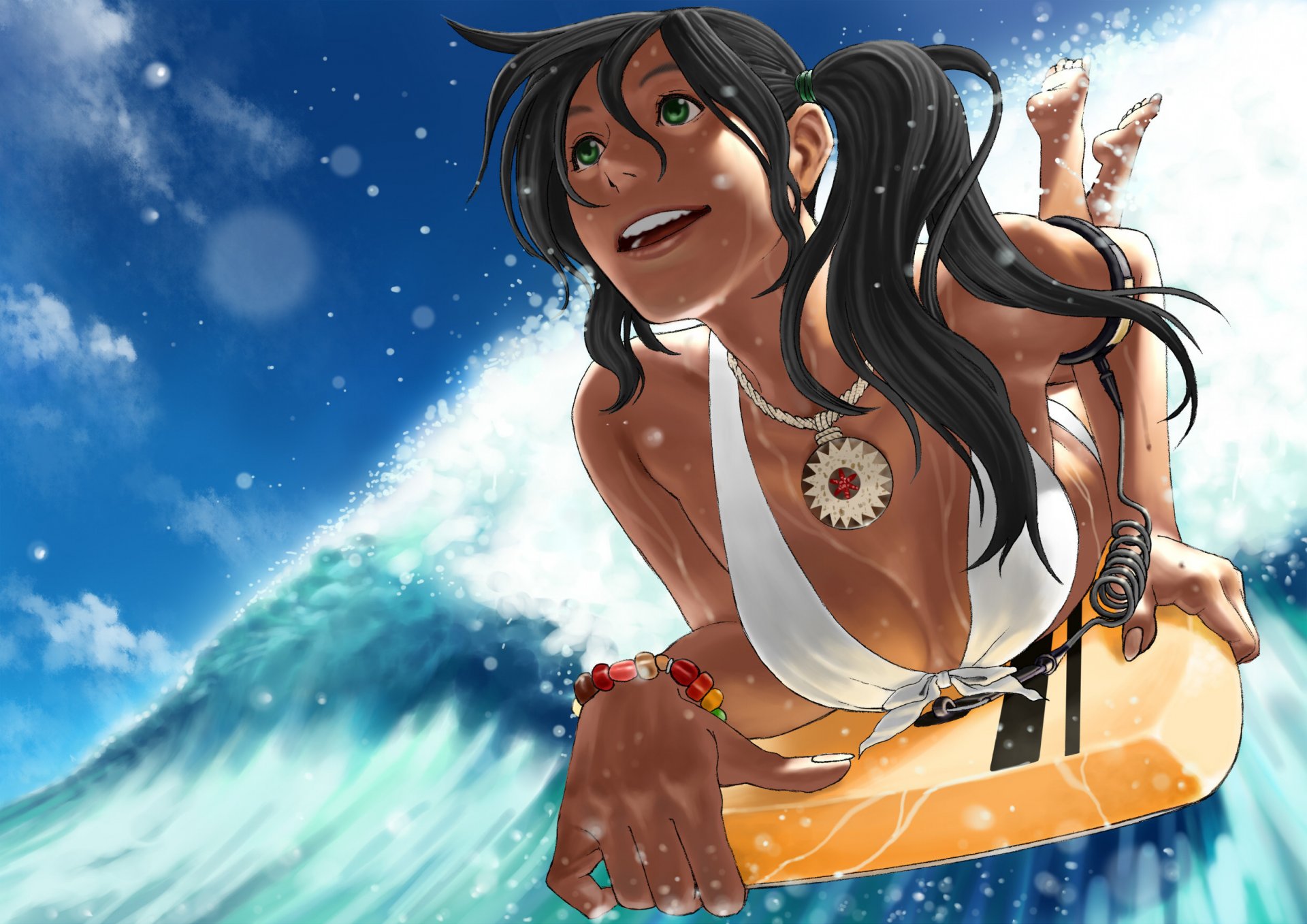 anime joie-a vagues-a surf planche fille vagues mer filles dessins pendentif amulette talisman maillot de bain blanc poitrine décolleté yeux verts cheveux longs filles-a visage-a yeux-a poitrine-a sourire-a eau-a ciel-a