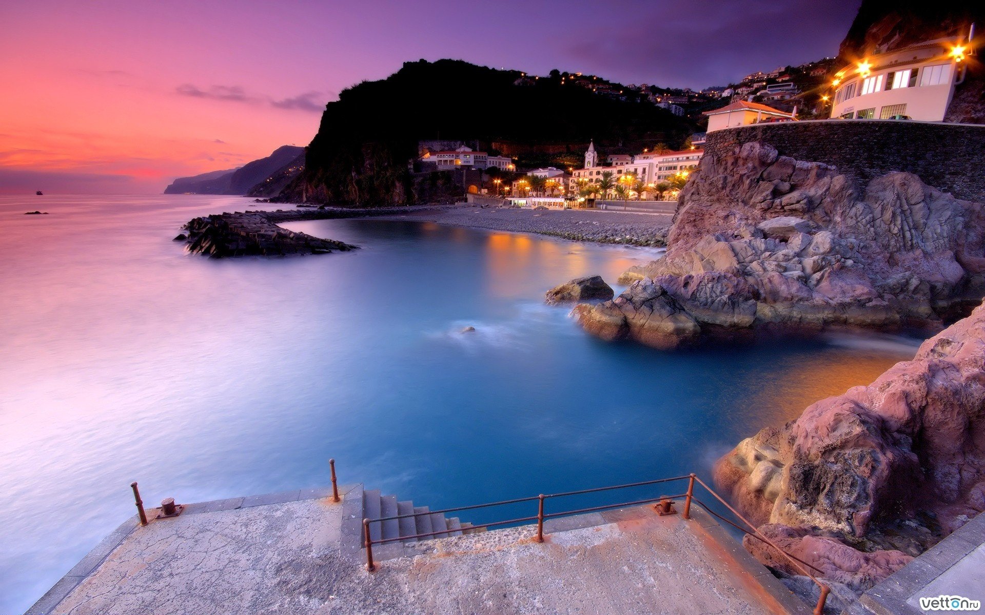 costa città tramonto luci cielo rosa mare acqua costa cielo notturno luci della città