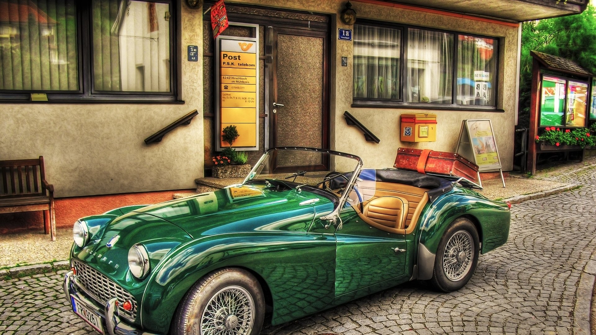 roadster cabrio retro koffer stadt straße