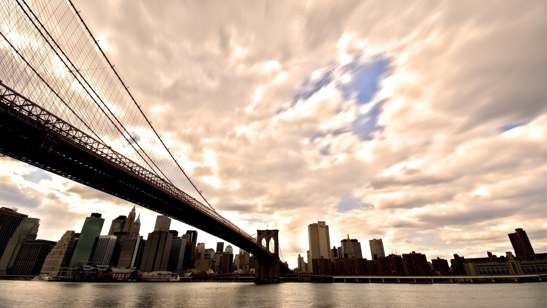 new york manhattan brooklyn bridge nowy jork brooklyn bridge usa ameryka rzeka brooklyn chmury powierzchnia drapacze chmur domy metropolia miasta mosty