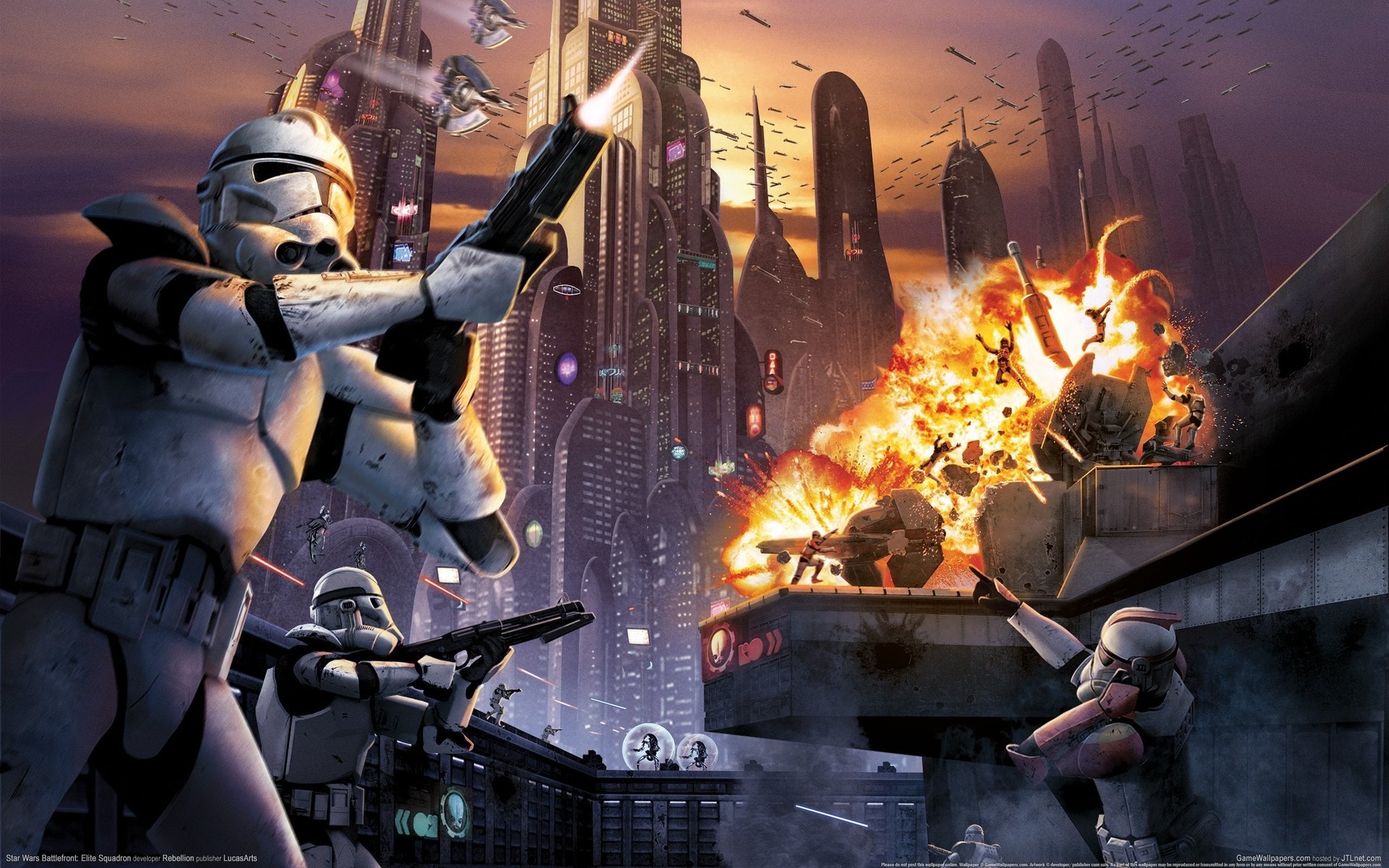 tar wars victims battlefront elite squadron star wars clones war chaos explosion fire machine guns planes buildings soldiers city shards movie