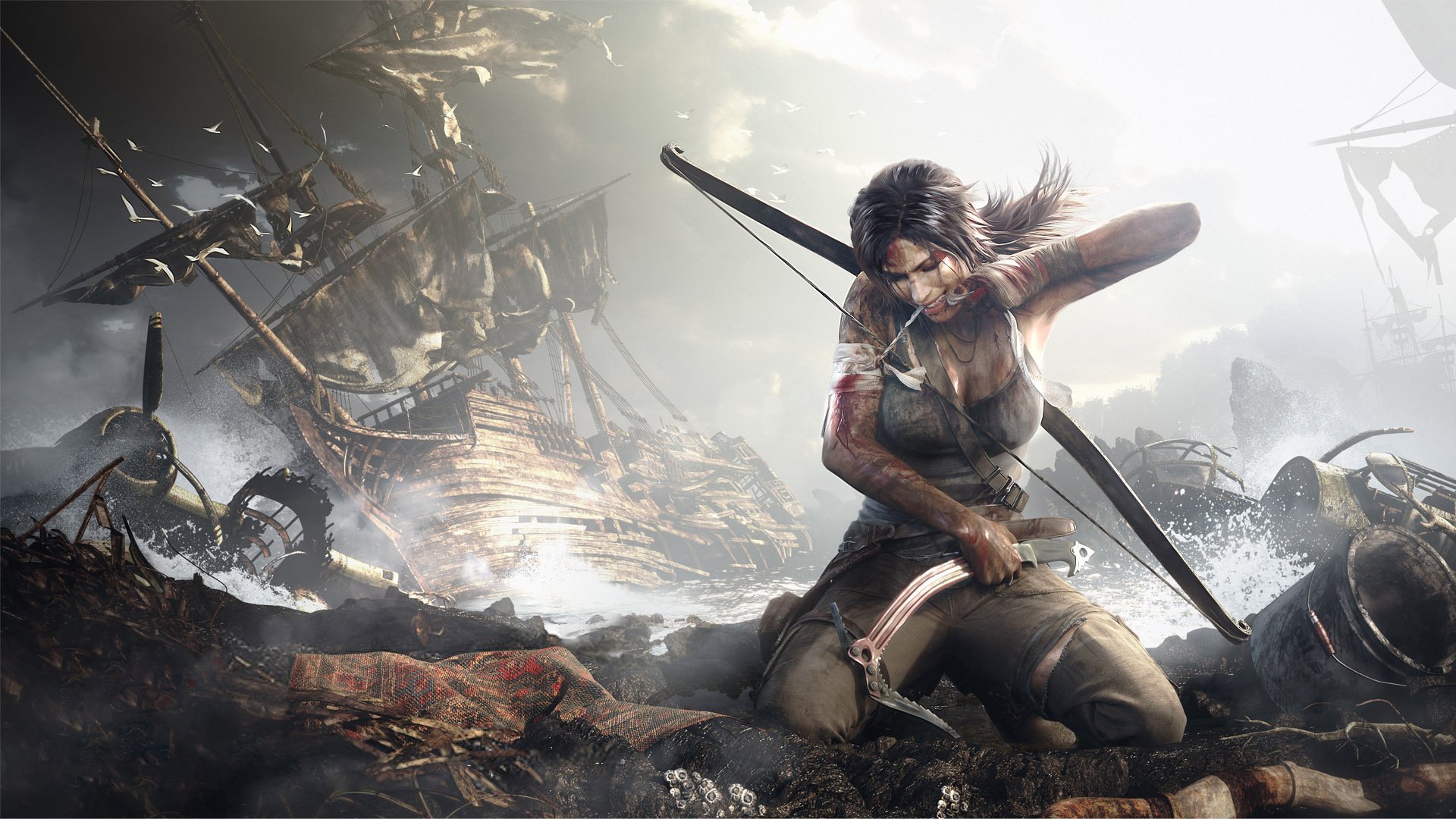 hipwreck tomb raider lara croft shore ship devastation blood bow knife water sea seagulls drawings anime women shooter