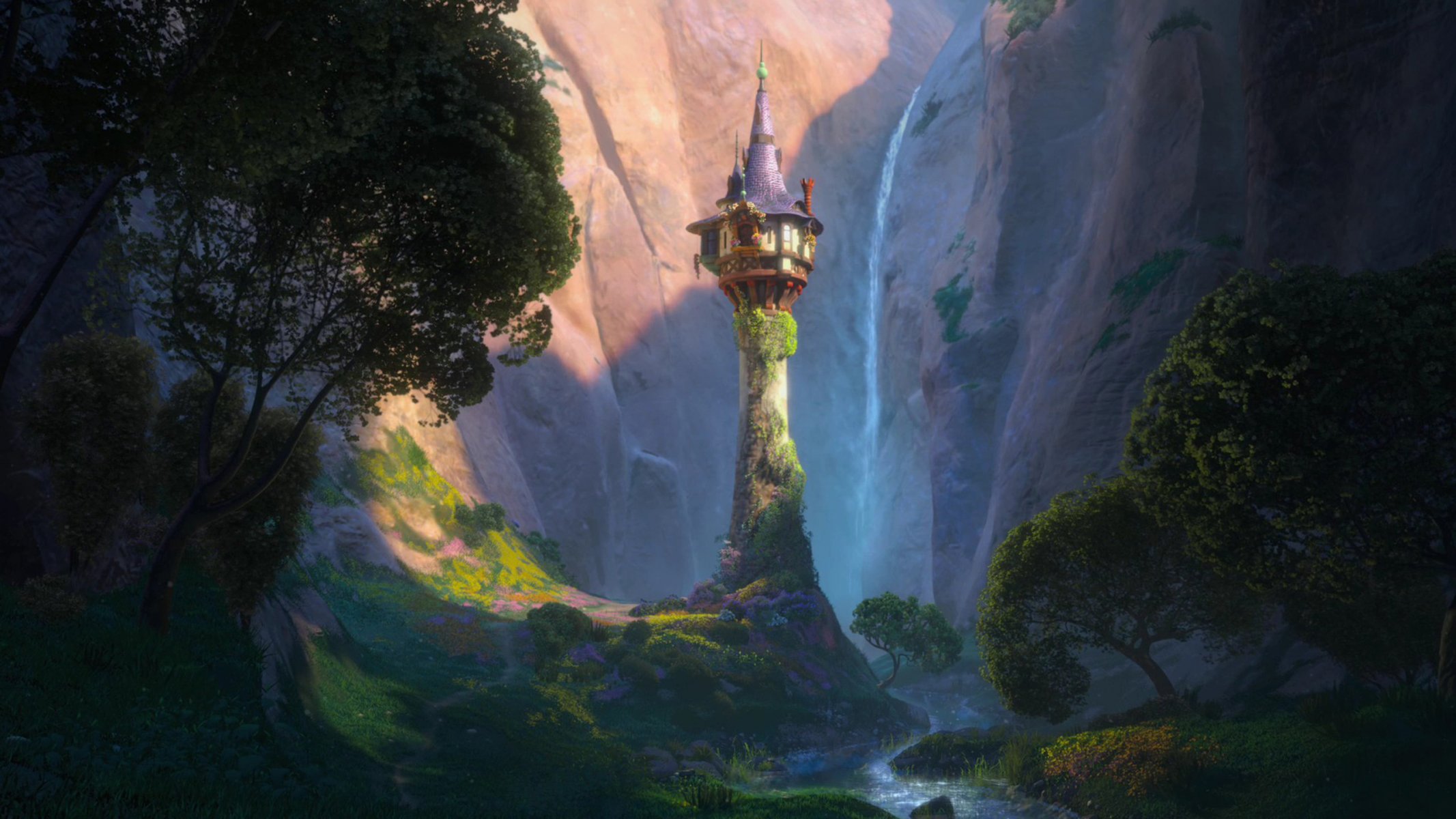 princess rapunzel rapunzel tangled story tangled mountains hills cartoon forest trees river waterfall nature pillar house drawings anime