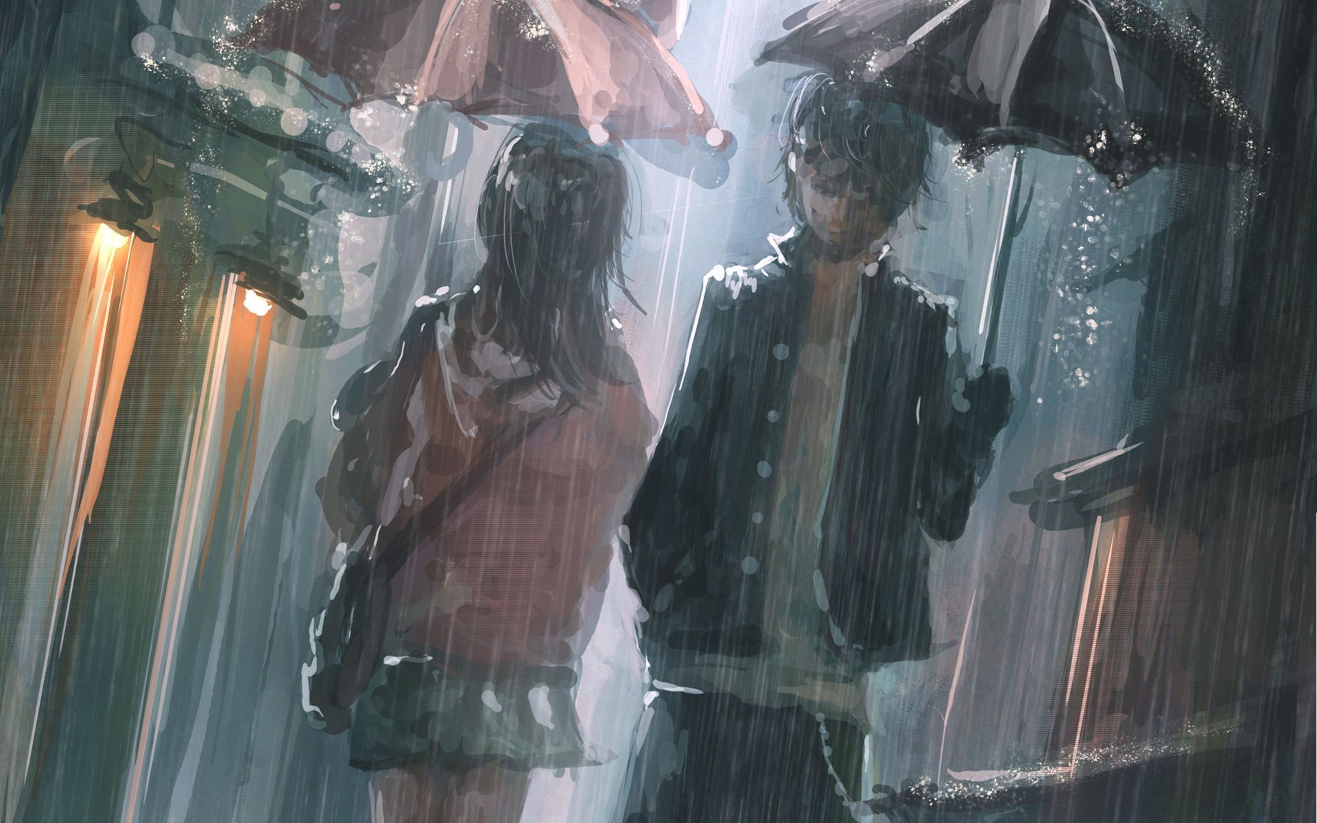 anime rain male umbrella drawing