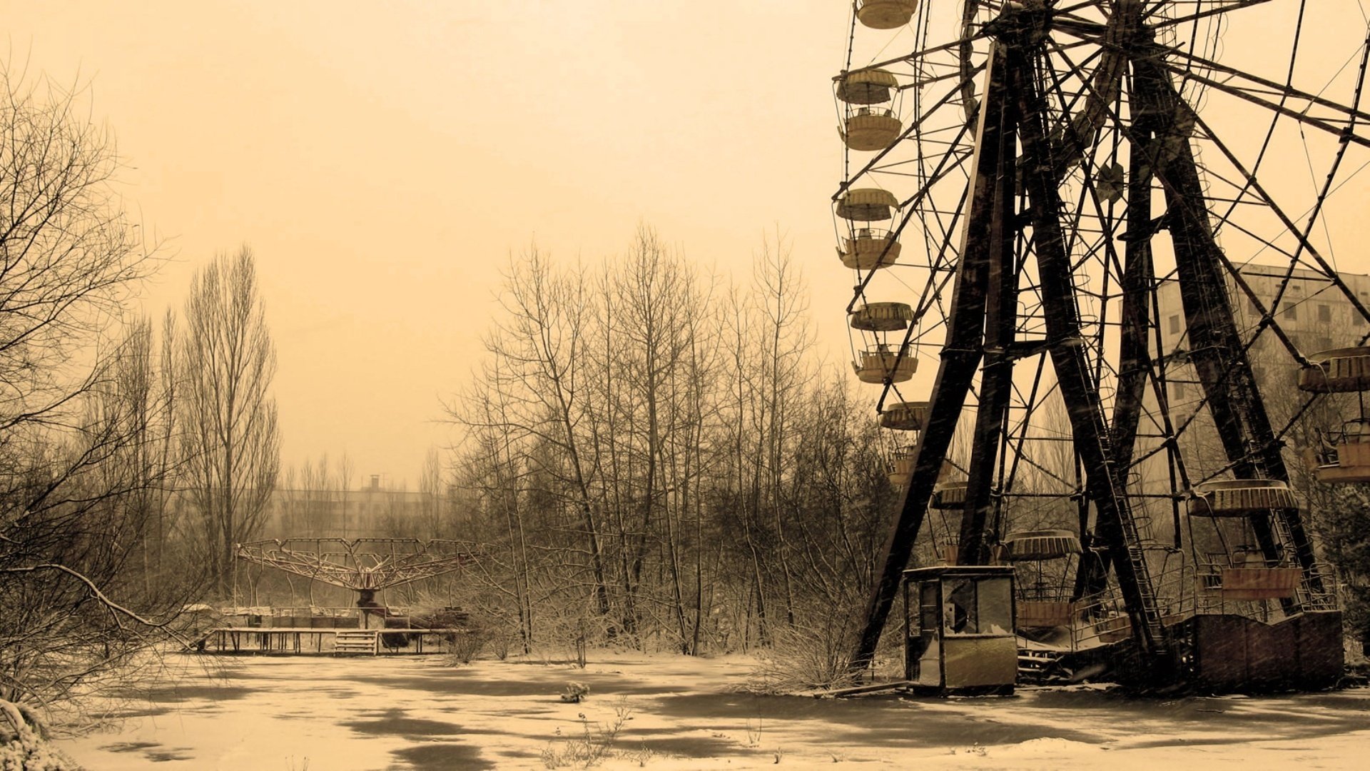 verdammtes rad verlassener ort tschernobyl pripyat zone grau wald vergnügungen schnee winter stadt mädchen einsamkeit