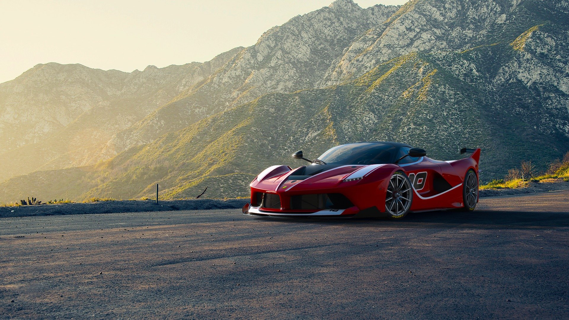 ferrari fxx k wyścigi supersamochód czerwony słońce zachód słońca górski droga przód