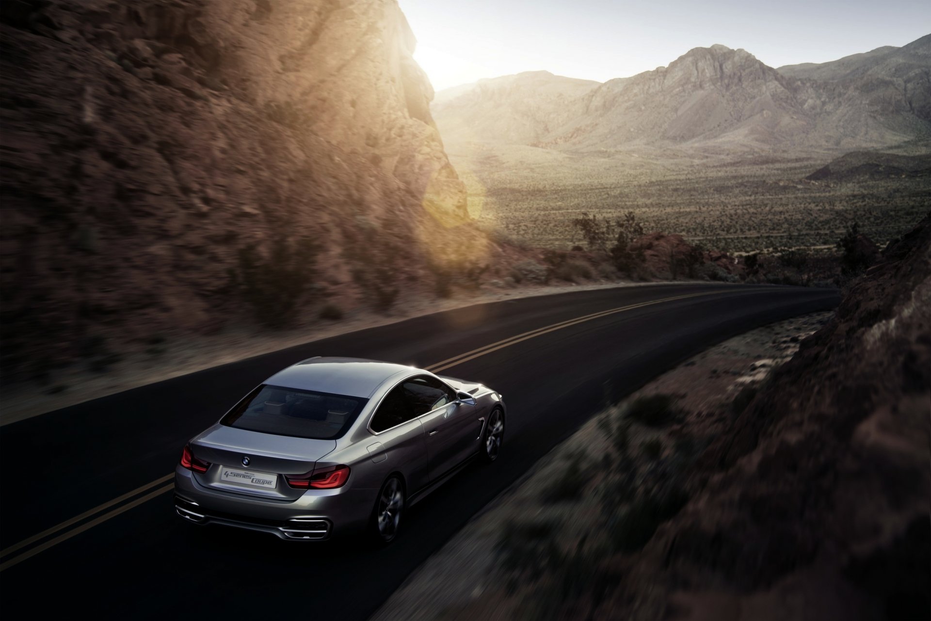 bmw serie 4 coupé concepto plata carretera puesta de sol montañas