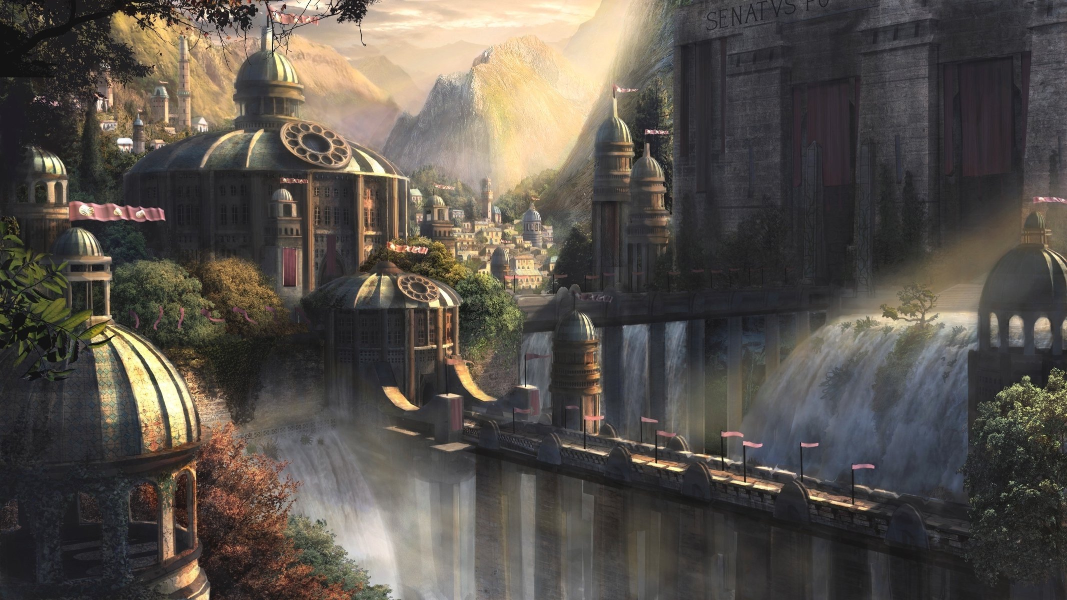 palace landscape bridge castle the city waterfall tower fantasy dome fabulous city mountains aby