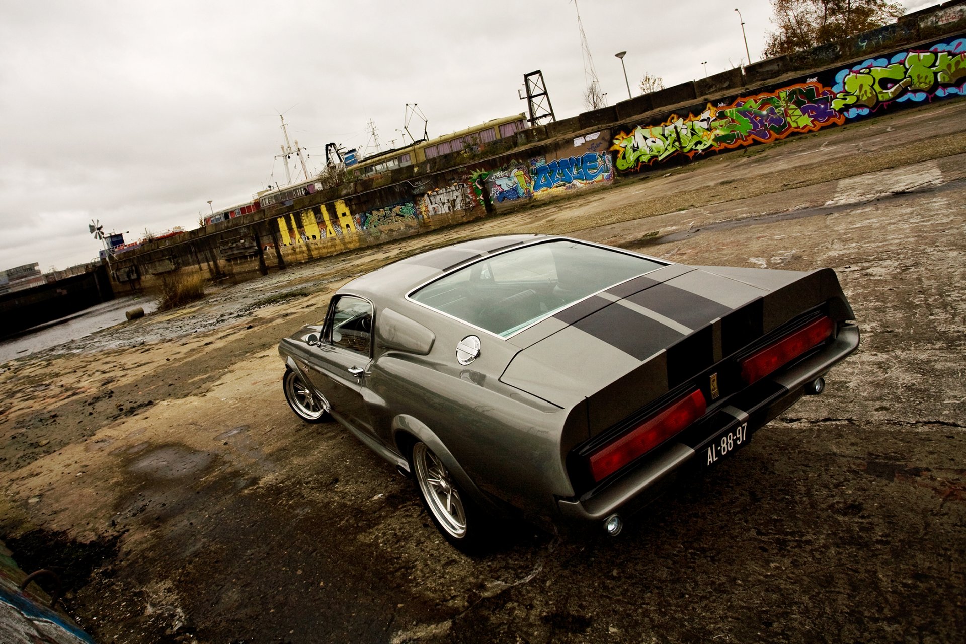 ford shelby eleanor gt 500 srebrny tył chmura molo