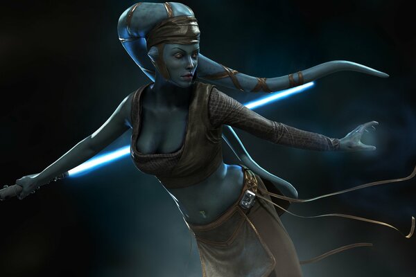 A blue woman, with a tentacle for hair, holds a lightsaber