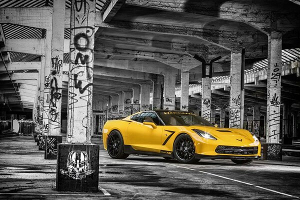 Amarillo chevrolet Corvette muestra sus músculos